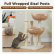 Cat scratching a fully sisal-wrapped post on a white rattan cat tree with three woven baskets