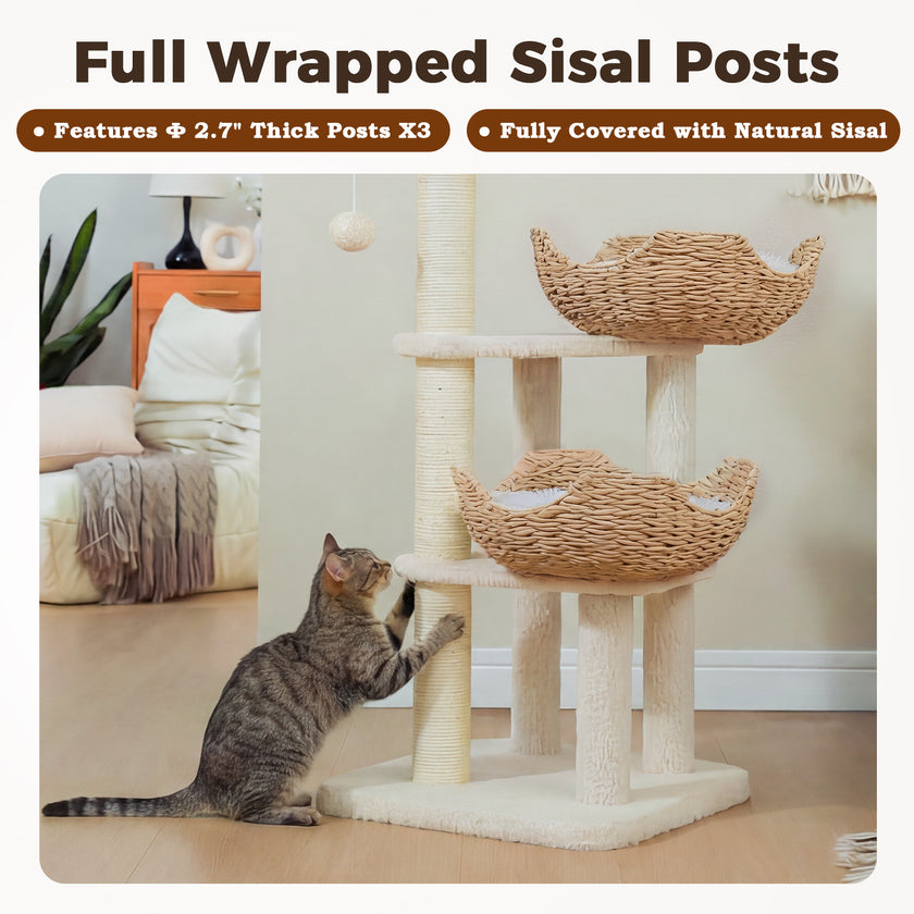 Cat scratching a fully sisal-wrapped post on a white rattan cat tree with three woven baskets