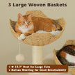 Large cat resting in a breathable hand-woven rattan basket with a soft plush cushion