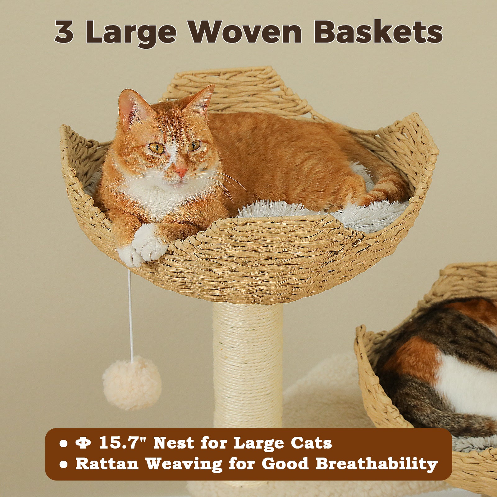 Large cat resting in a breathable hand-woven rattan basket with a soft plush cushion