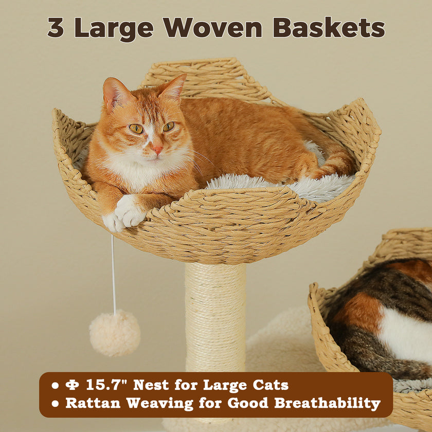 Large cat resting in a breathable hand-woven rattan basket with a soft plush cushion
