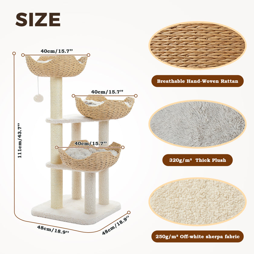 White rattan cat tree with three plush-lined woven baskets, 111 cm height and 48 cm square base dimensions