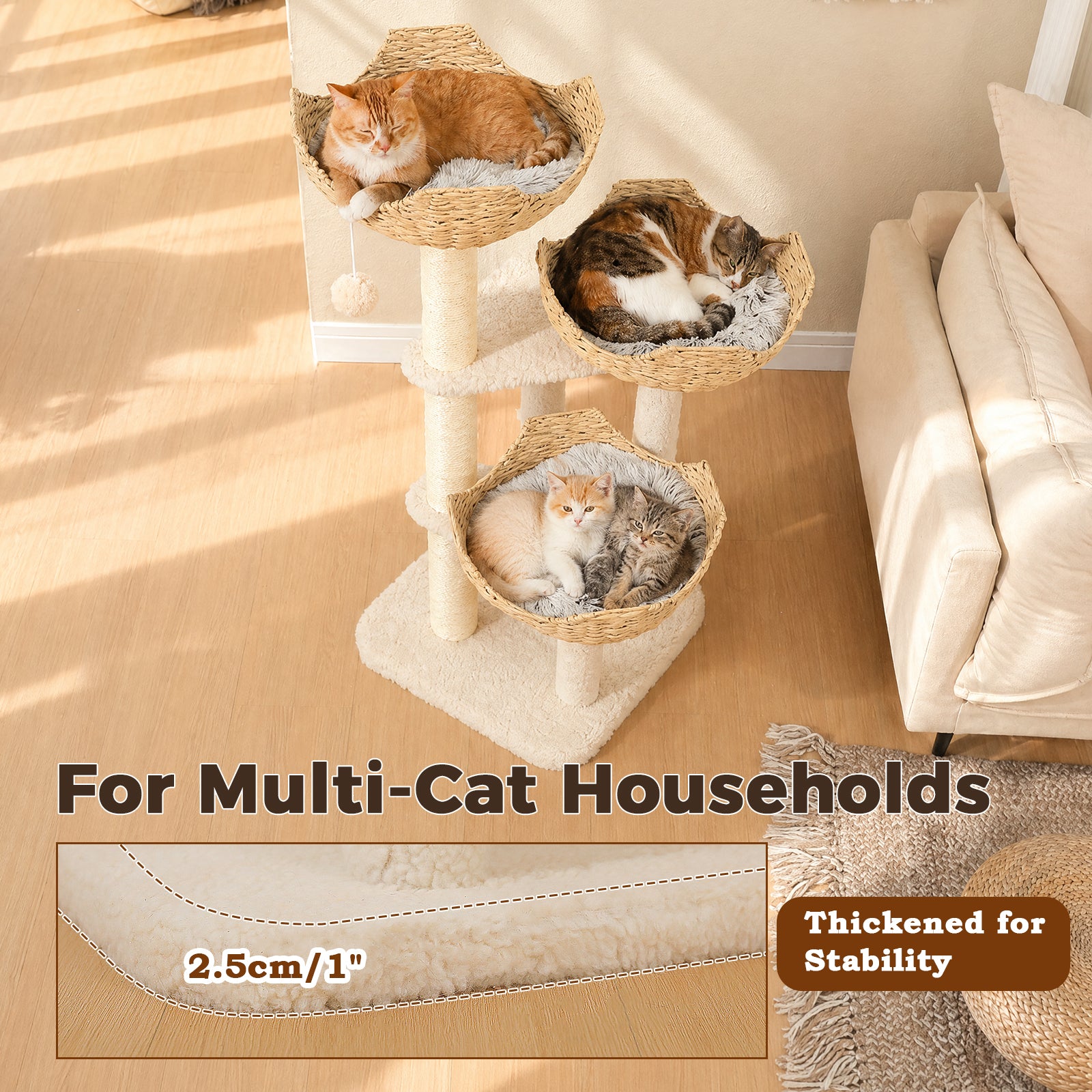 Three cats relaxing in plush-lined rattan baskets on a white multi-level cat tree for multi-cat households