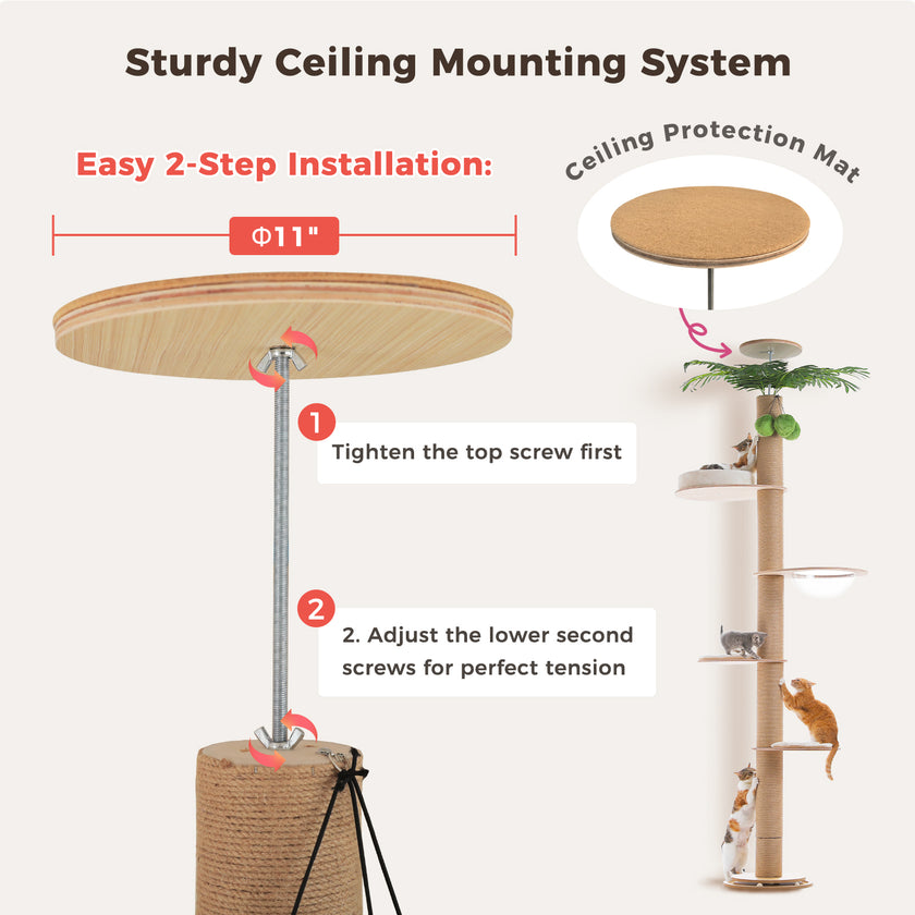 Ceiling mounting system for floor-to-ceiling cat tree with protective top pad