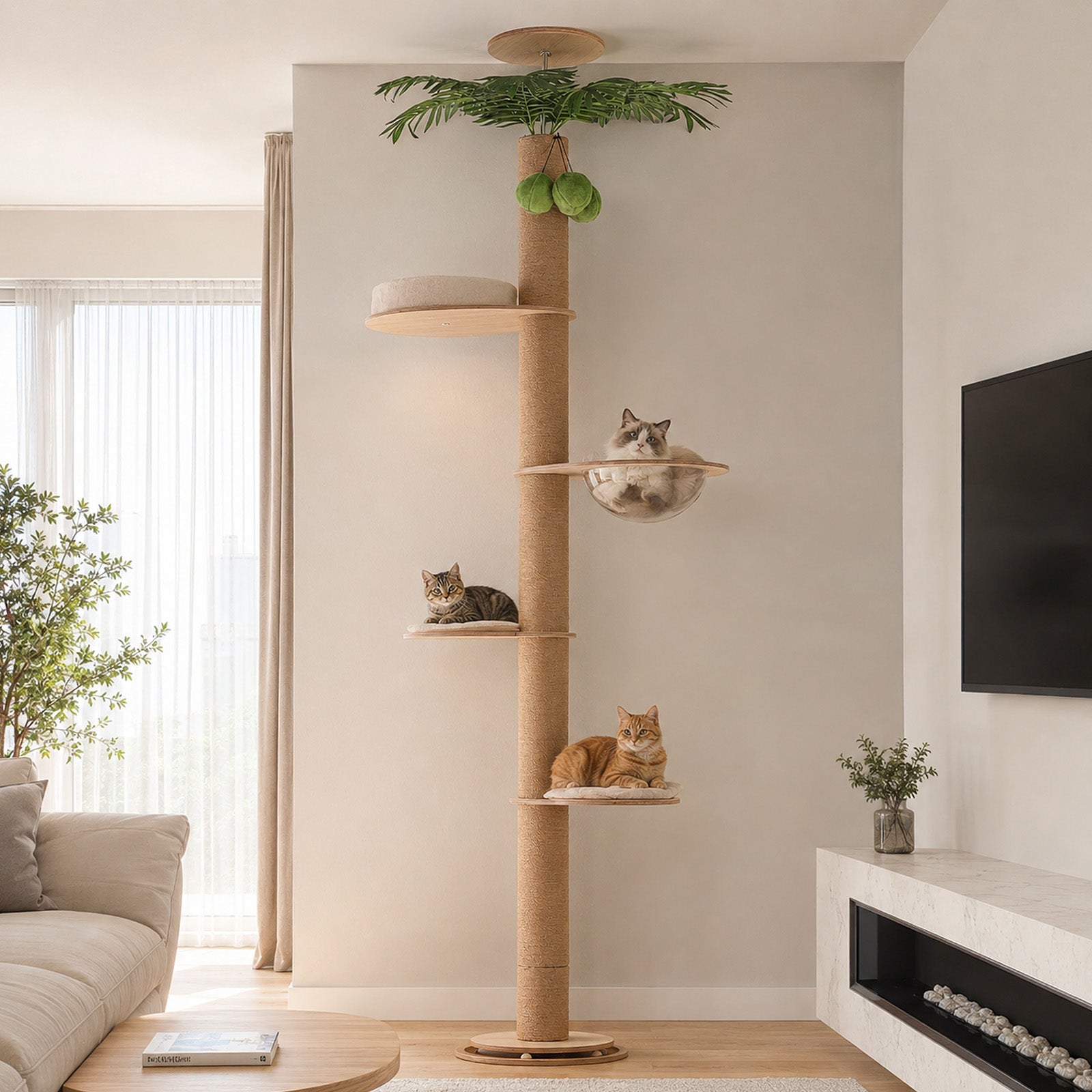 Beige floor-to-ceiling cat tree with bubble bed and multiple cats resting on platforms