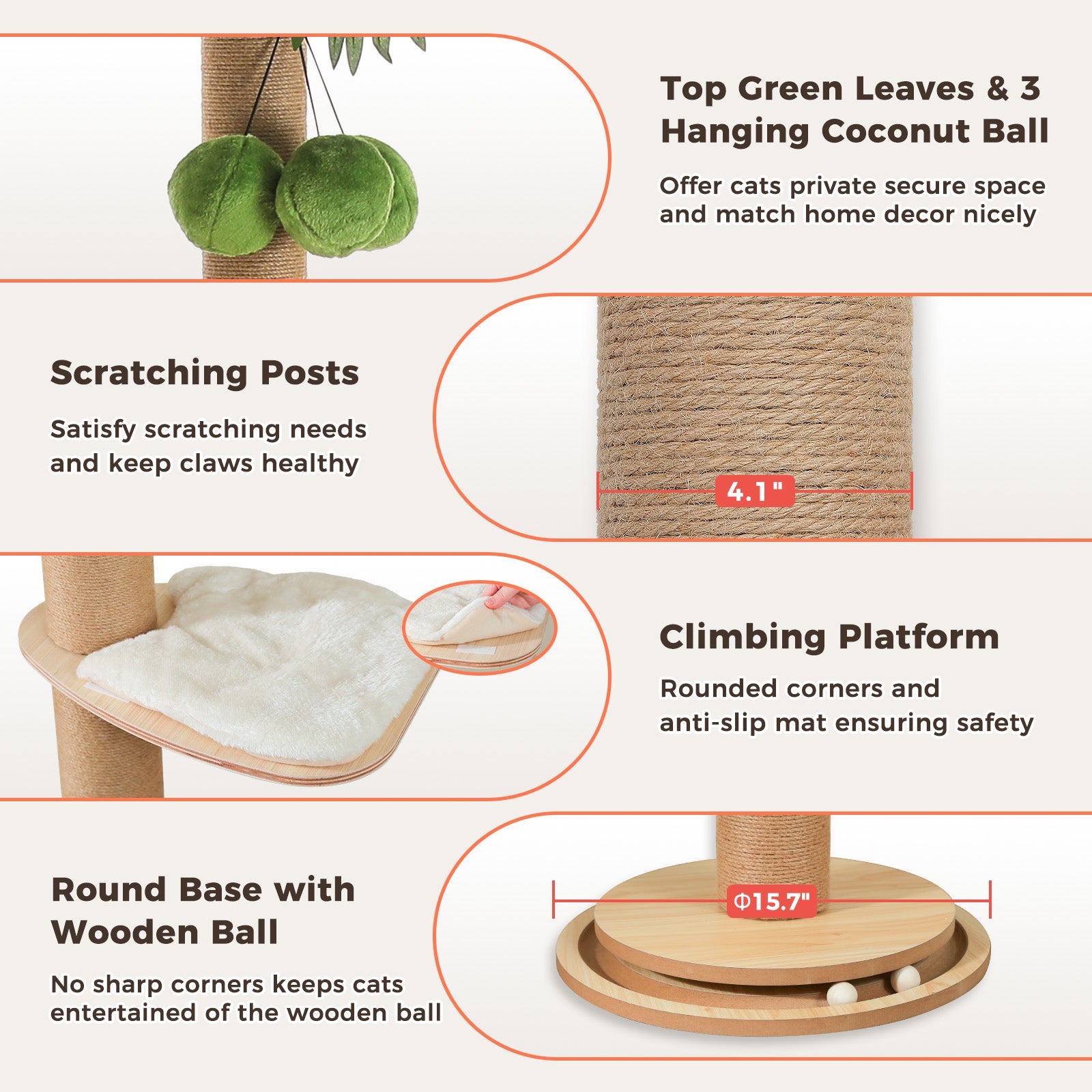 Sisal scratching post, padded climbing platform and round base with wooden ball track