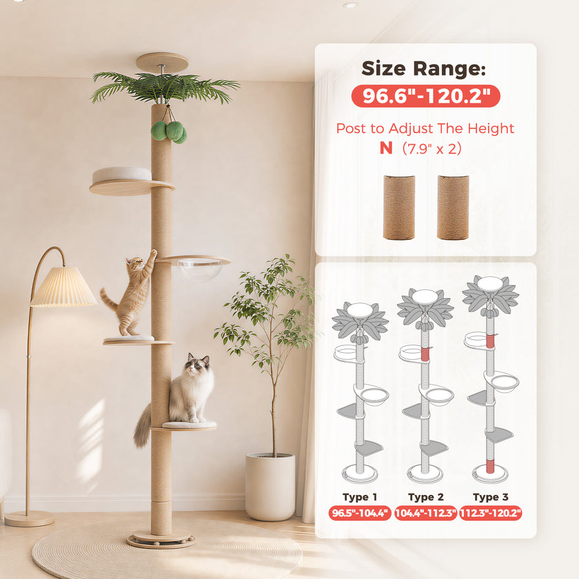 Adjustable floor-to-ceiling cat tree for ceilings from 96.6 to 120.2 inches