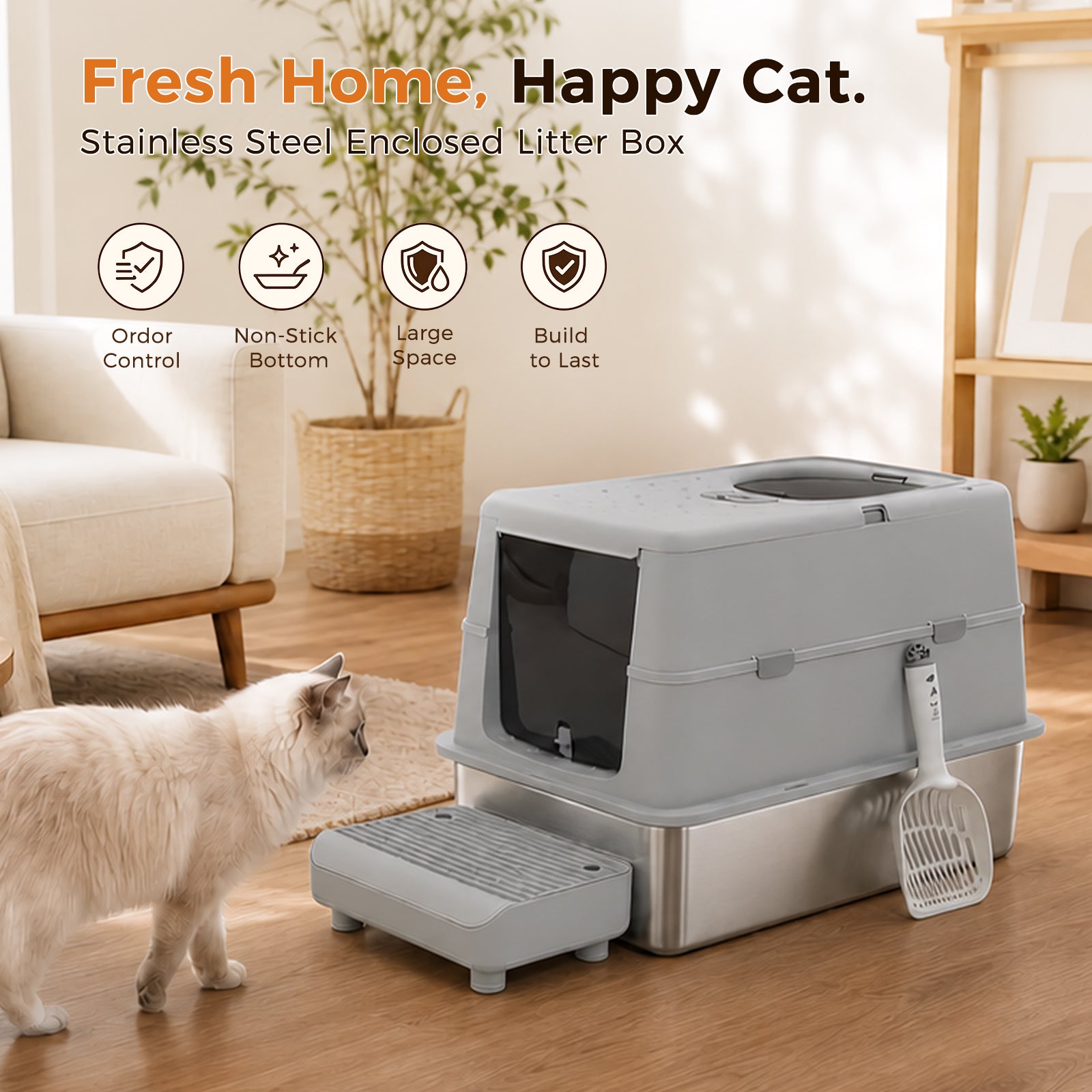 Grey stainless steel enclosed cat litter box with litter scoop and tracking step