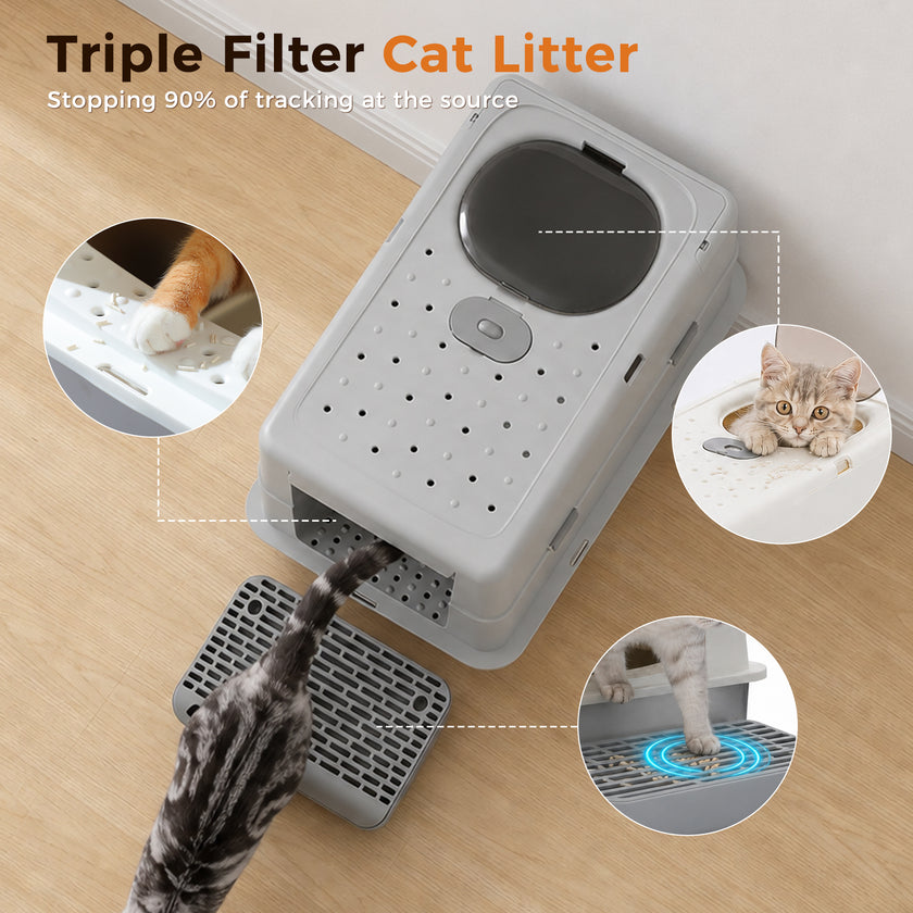 Top view of grey enclosed cat litter box showing top opening and litter-trapping surfaces