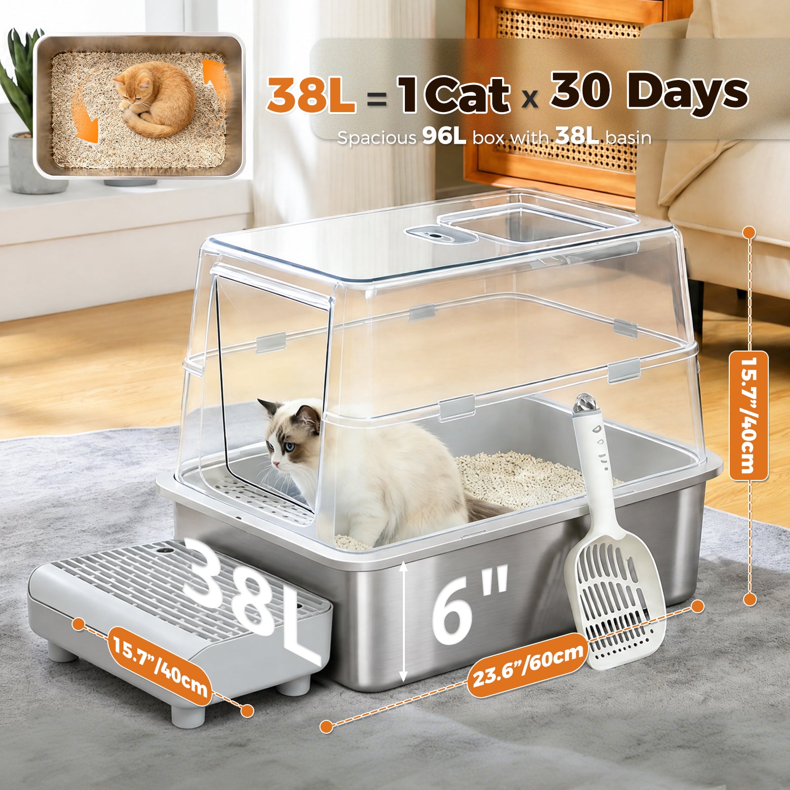 Spacious 96 L interior of enclosed cat litter box with 38 L stainless steel litter pan