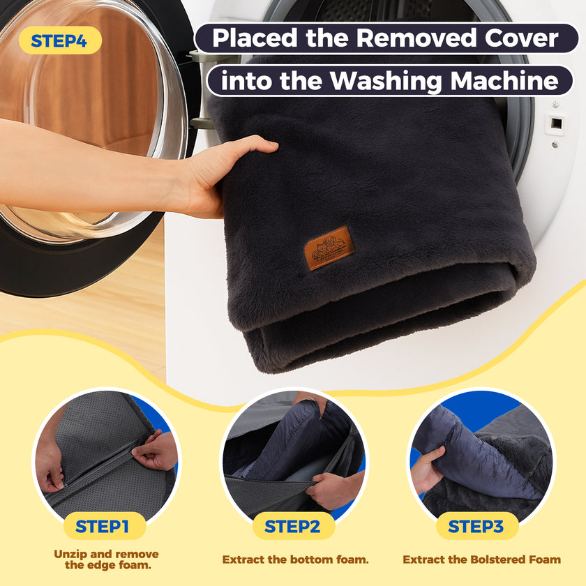 Removable cover and foam layers of grey XL foldable dog bed shown for machine washing