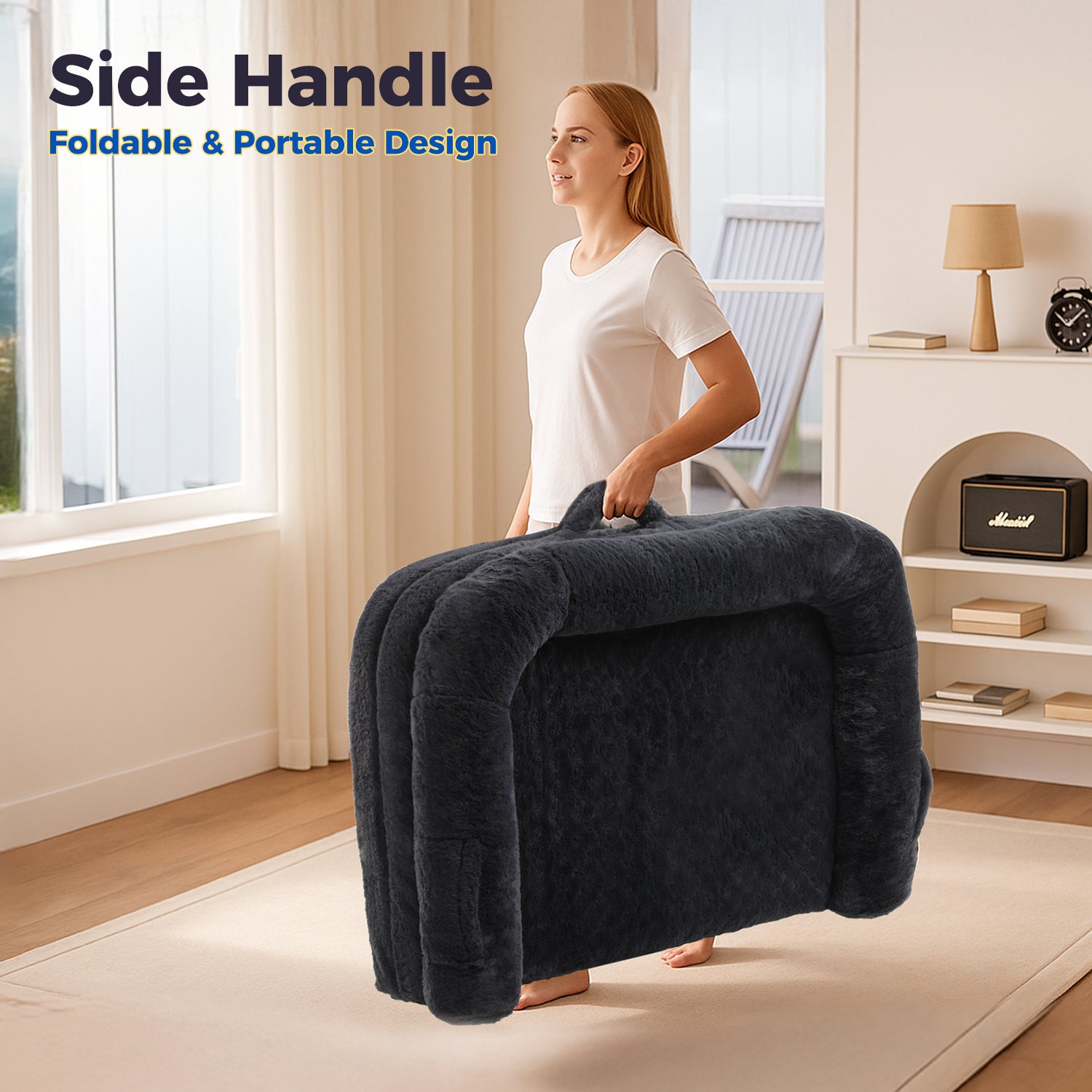 Grey foldable XL dog bed with side handle for easy carrying