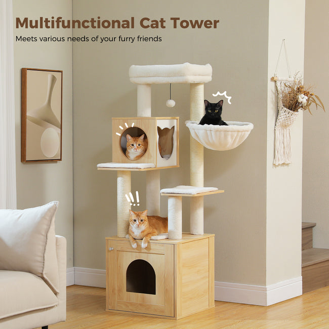 Woodland Series – Modern Wooden Cat Tree Tower with Hammock | Catopia Co.