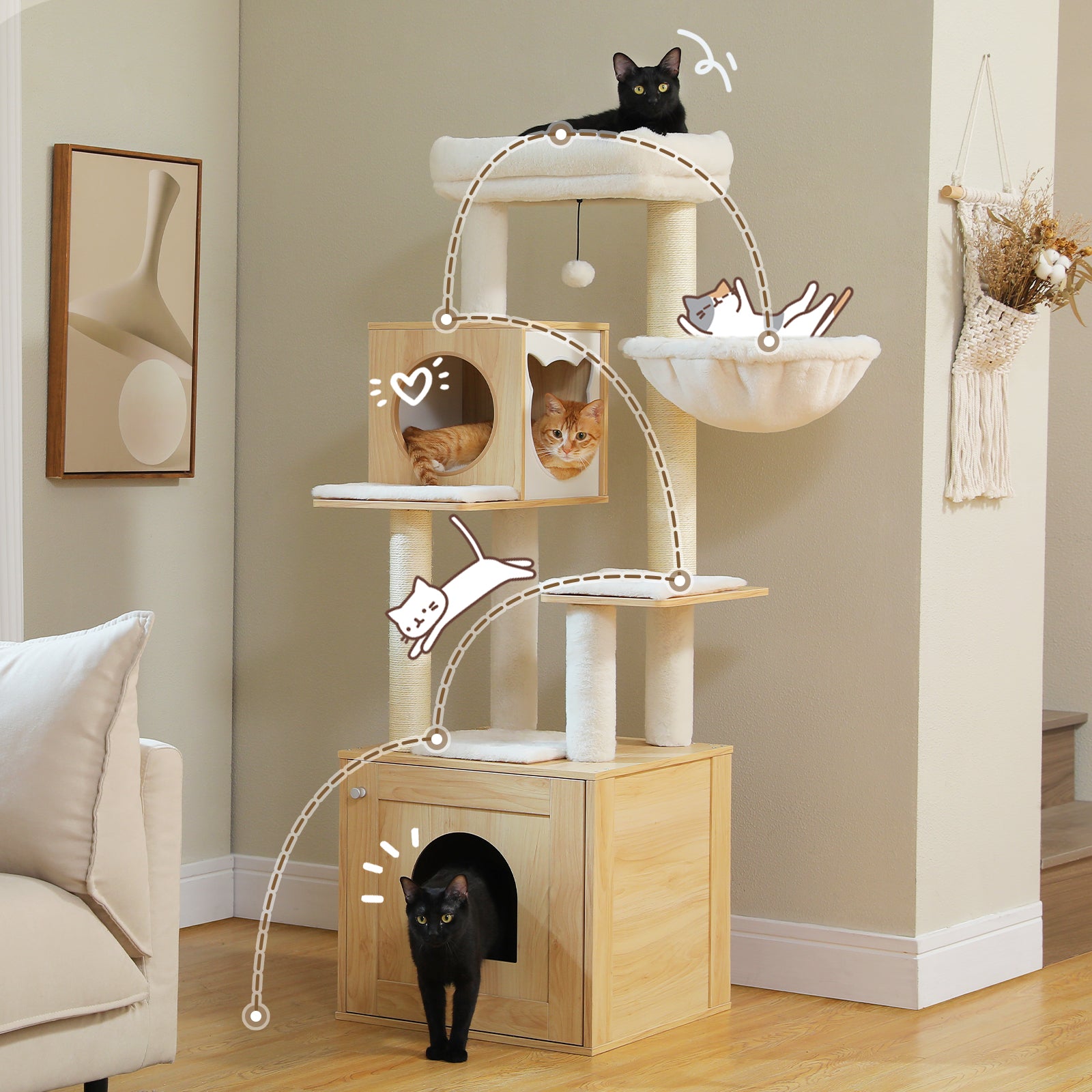 Woodland Series – Modern Wooden Cat Tree Tower with Hammock | Catopia Co.
