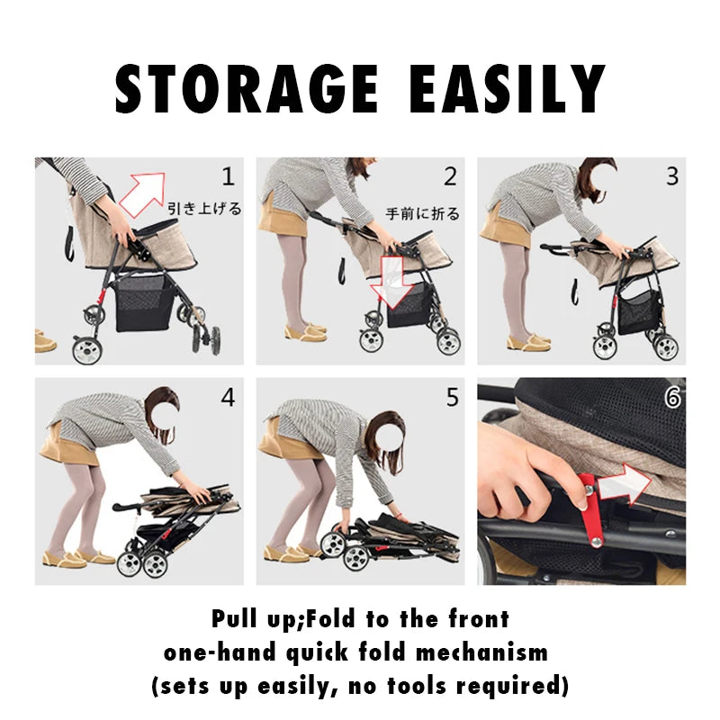 Step-by-step guide on how to easily store a stroller with text 'Storage Easily'.