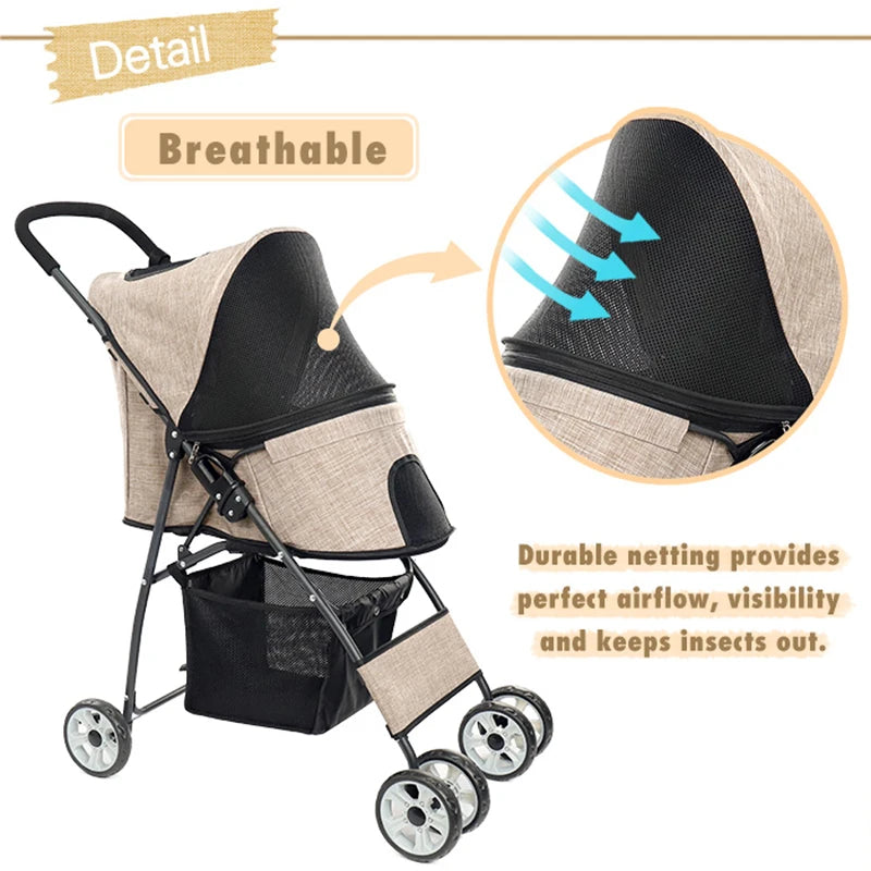 Pet stroller with breathable design and text highlighting features