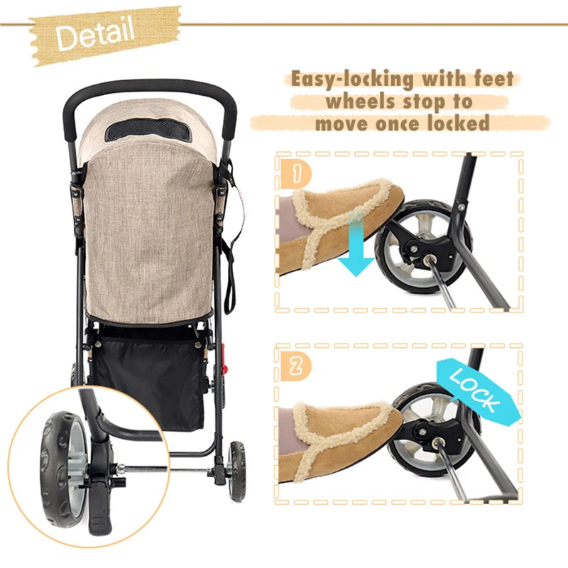 Stroller with easy-locking wheels feature and text explaining the mechanism.