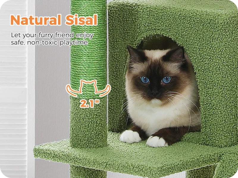 Cat sitting on a green cat tree with 'Natural Sisal' text and product details.