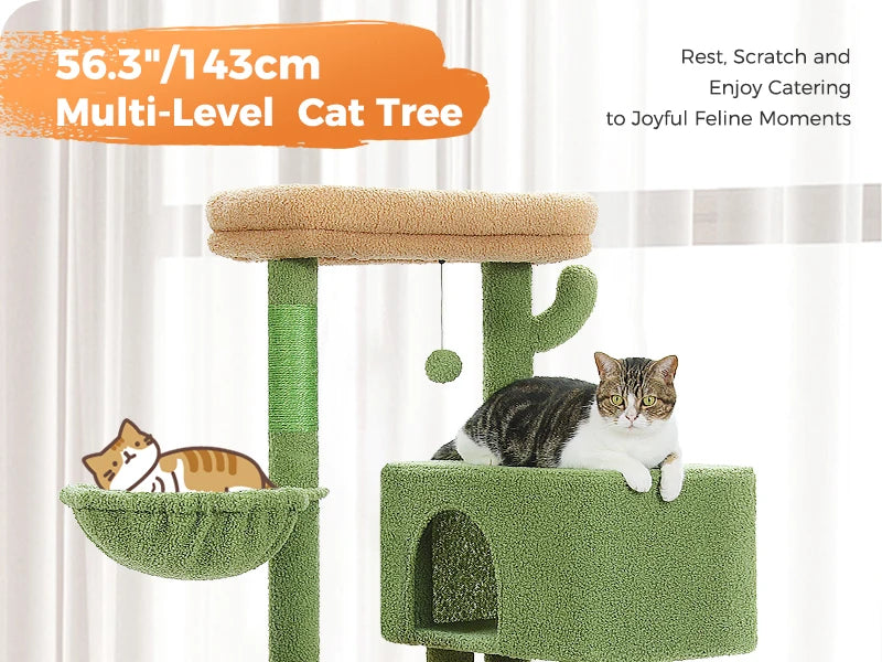 143cm Tall Cactus Cat Tree for Large Cats Adult with Large Top Perch with Plush Hammock - Green