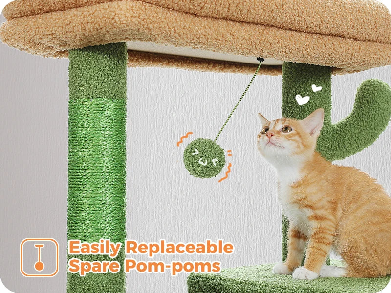 Cat playing with a toy on a green and brown cat tree with text 'Easily Replaceable Spare Pom-poms'.