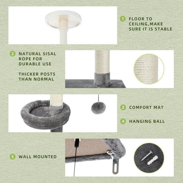 Cat tree with features highlighted on a green background