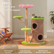Flower cat tree with triangular solid wood support, reinforced double-layer base, two-storey condo, and elevated perches