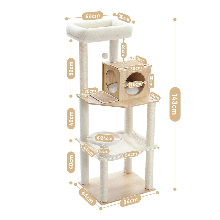 Cat tree with dimensions labeled on a white background