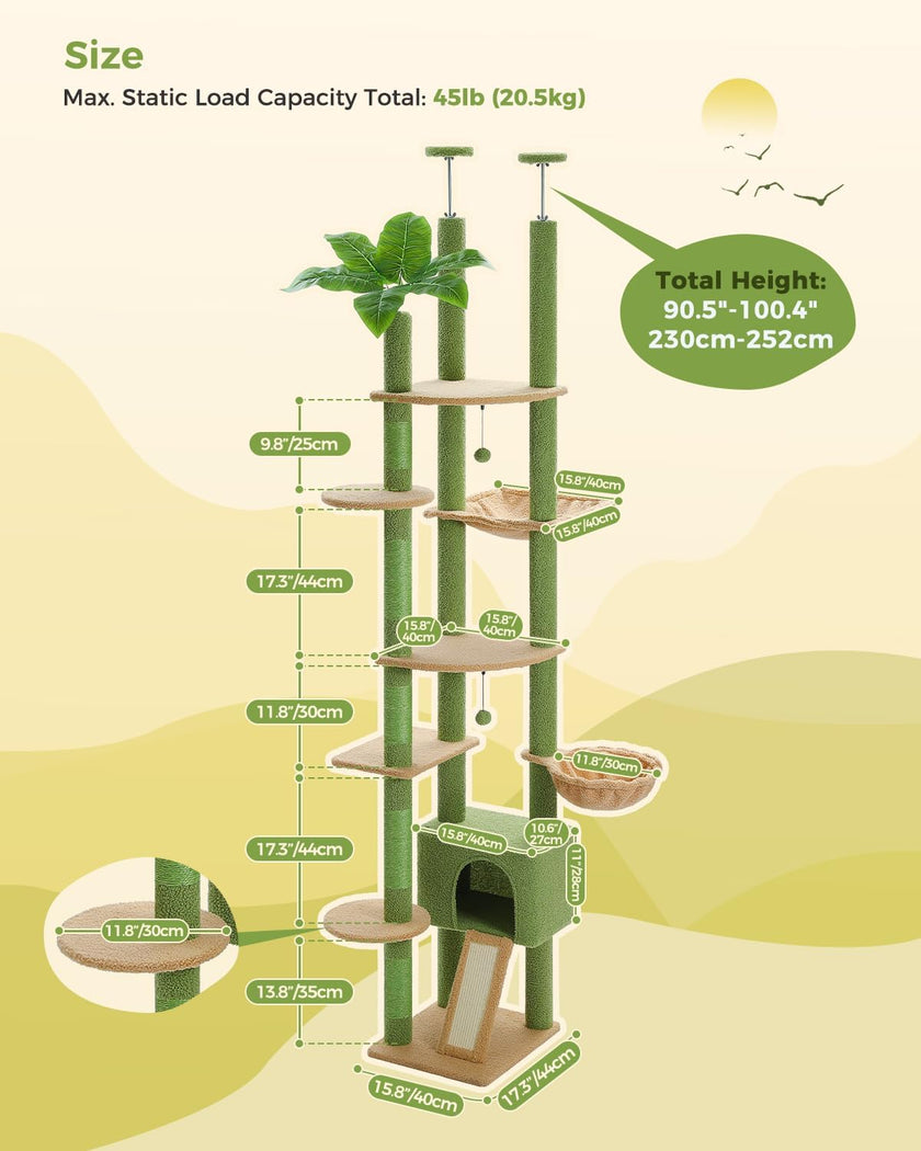 Green cat tree with measurements on a yellow background