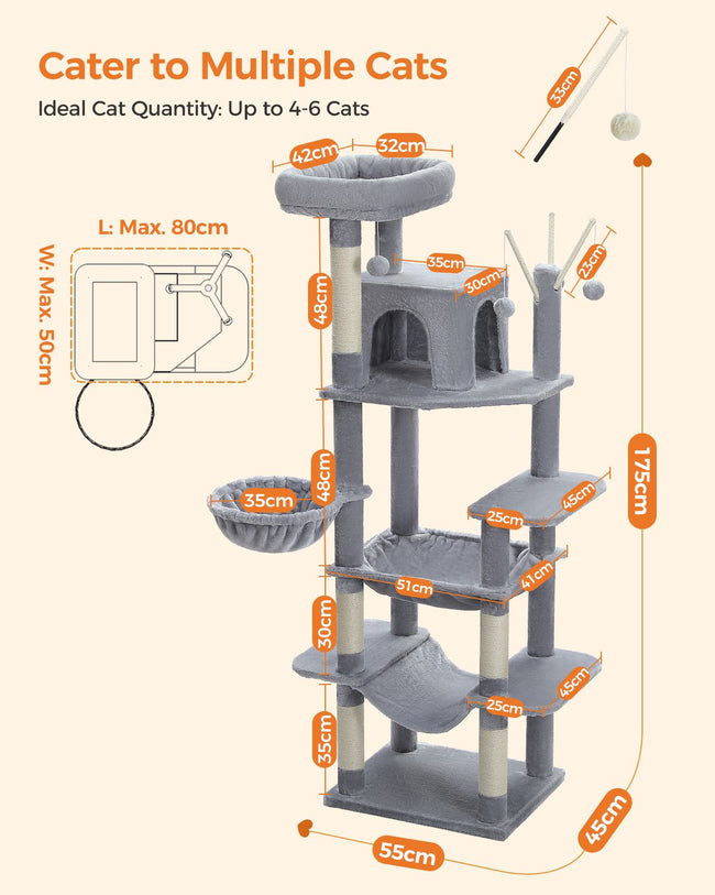 Detailed dimension breakdown of Catopia Co.’s tall modern cat tower, with hammocks, perches, and condos—ideal for 4–6 cats. Stylish cat furniture from a Canadian local business, shipping only within Canada.
