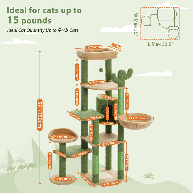 Catopia Co. Multi-Level Cactus Cat Tree Canada – 150cm Tall Modern Cat Tower with Hammock & Scratching Posts