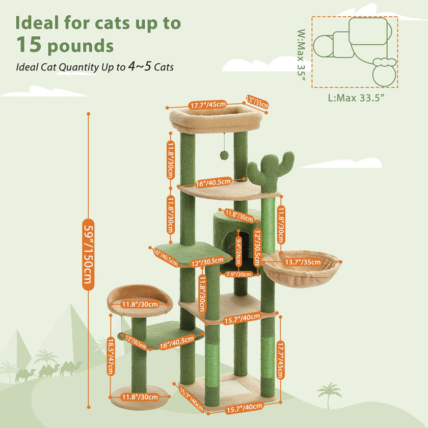Cat tree with dimensions and text indicating ideal use for cats up to 15 pounds.
