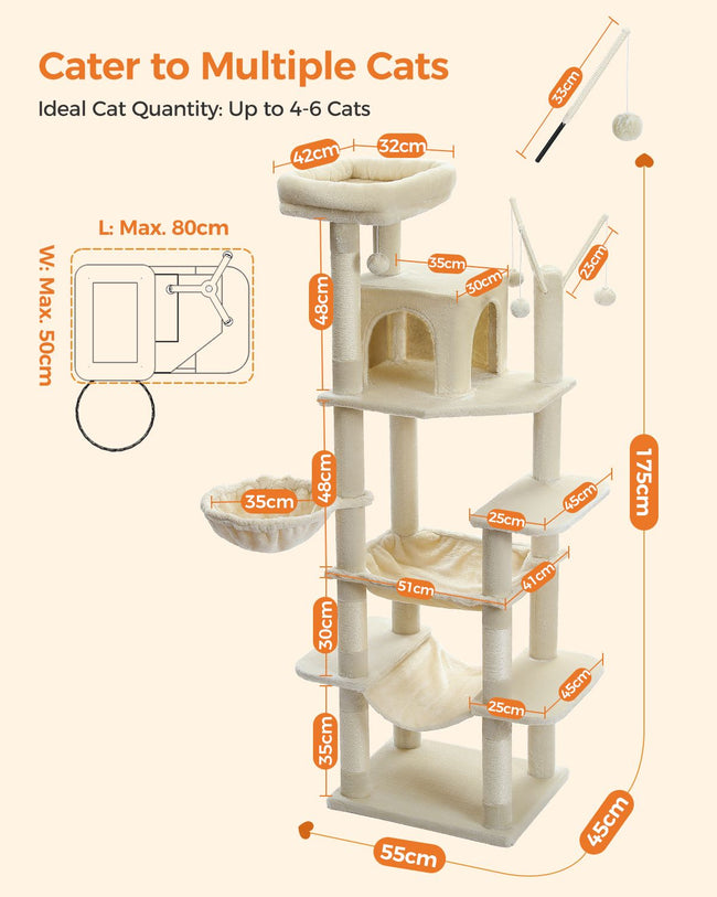 Detailed size diagram of Catopia Co.'s tall cat tree furniture, accommodating up to 6 cats with multiple levels, platforms, and a cozy hammock. Modern cat condo built for climbing and play. Canadian local business, ships only within Canada.
