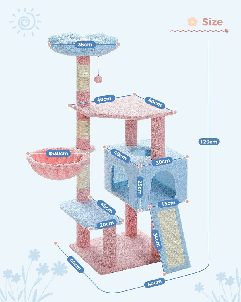 Cat tree with dimensions labeled on a light blue background