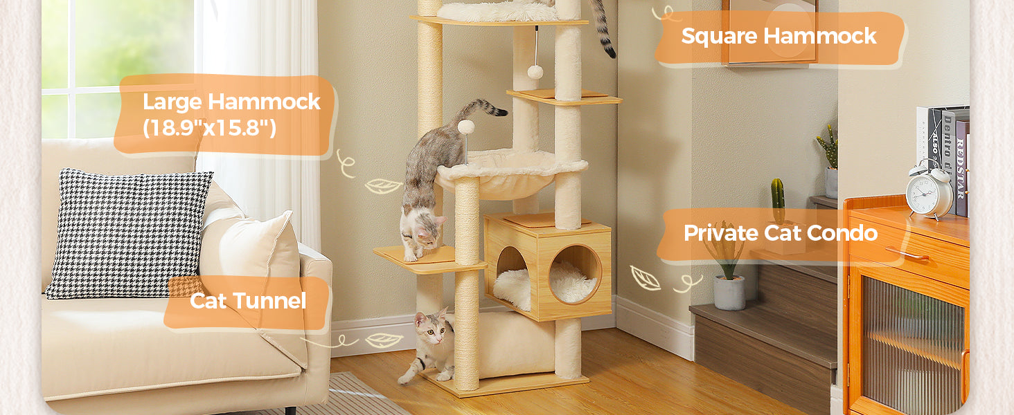 Catopia Co. Deluxe Wood Adjustable Floor to Ceiling Cat Tree - Beige