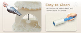 Cat scratching mat with cleaning tools and text indicating ease of cleaning.