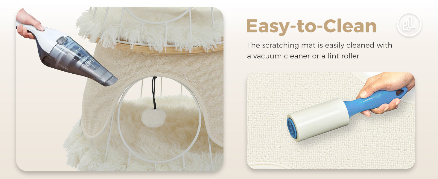 Cat scratching mat with cleaning tools and text indicating ease of cleaning.