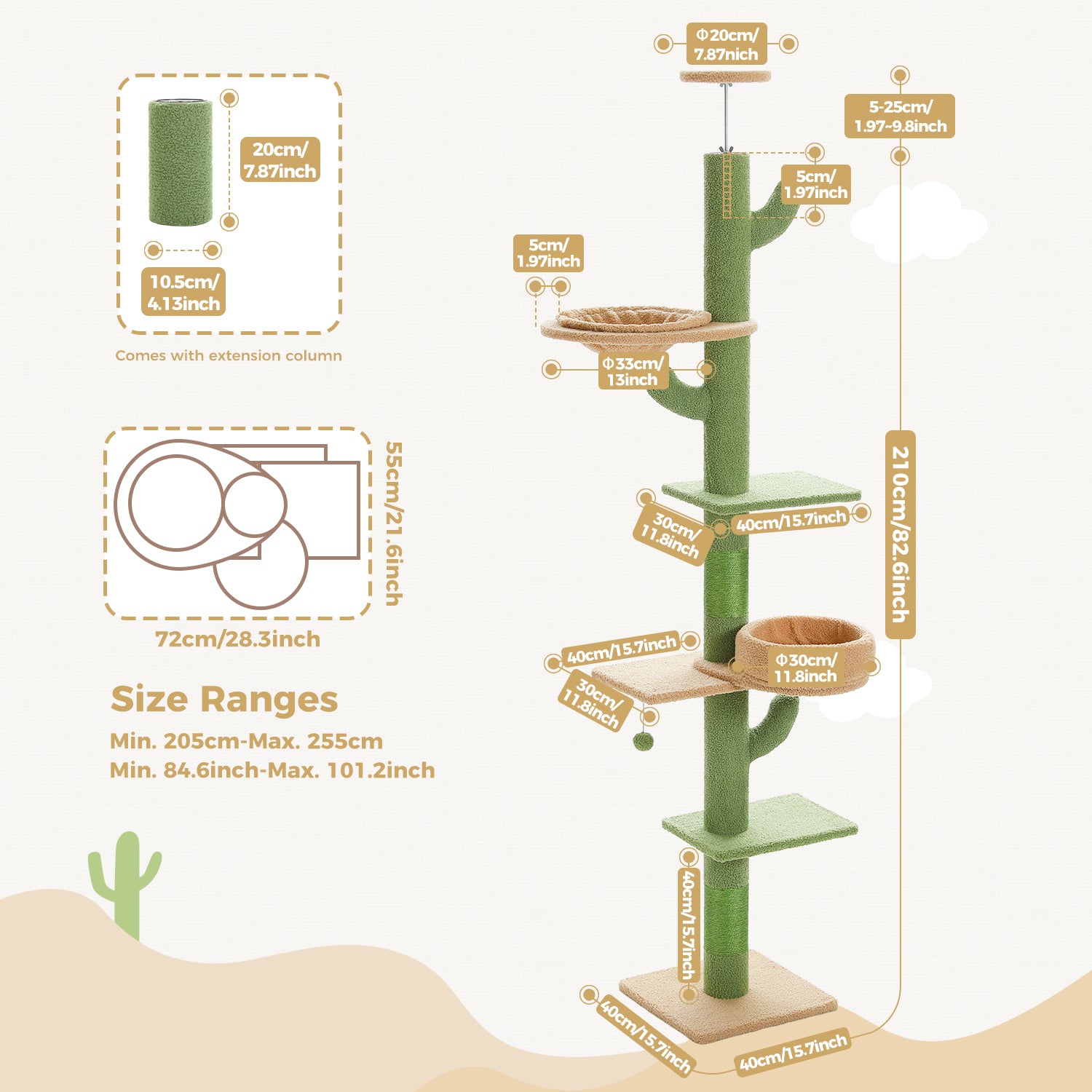 4-Tier Floor to Ceiling Cat Tree with Extra Thick Scratch Post