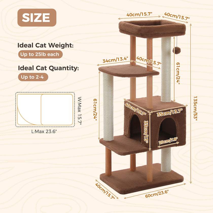135 cm wooden cat tree dimensions showing a 60 by 40 cm base, 40 cm top perch, large condo, platforms, and sisal scratching posts