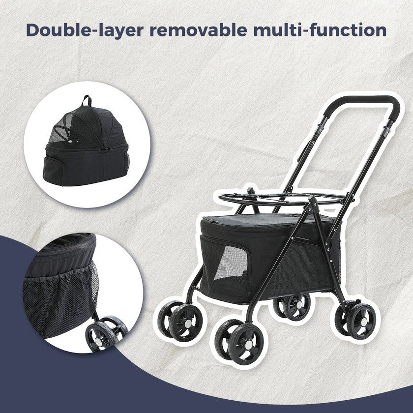 Black pet stroller with detachable backpack and wheels on a gray background