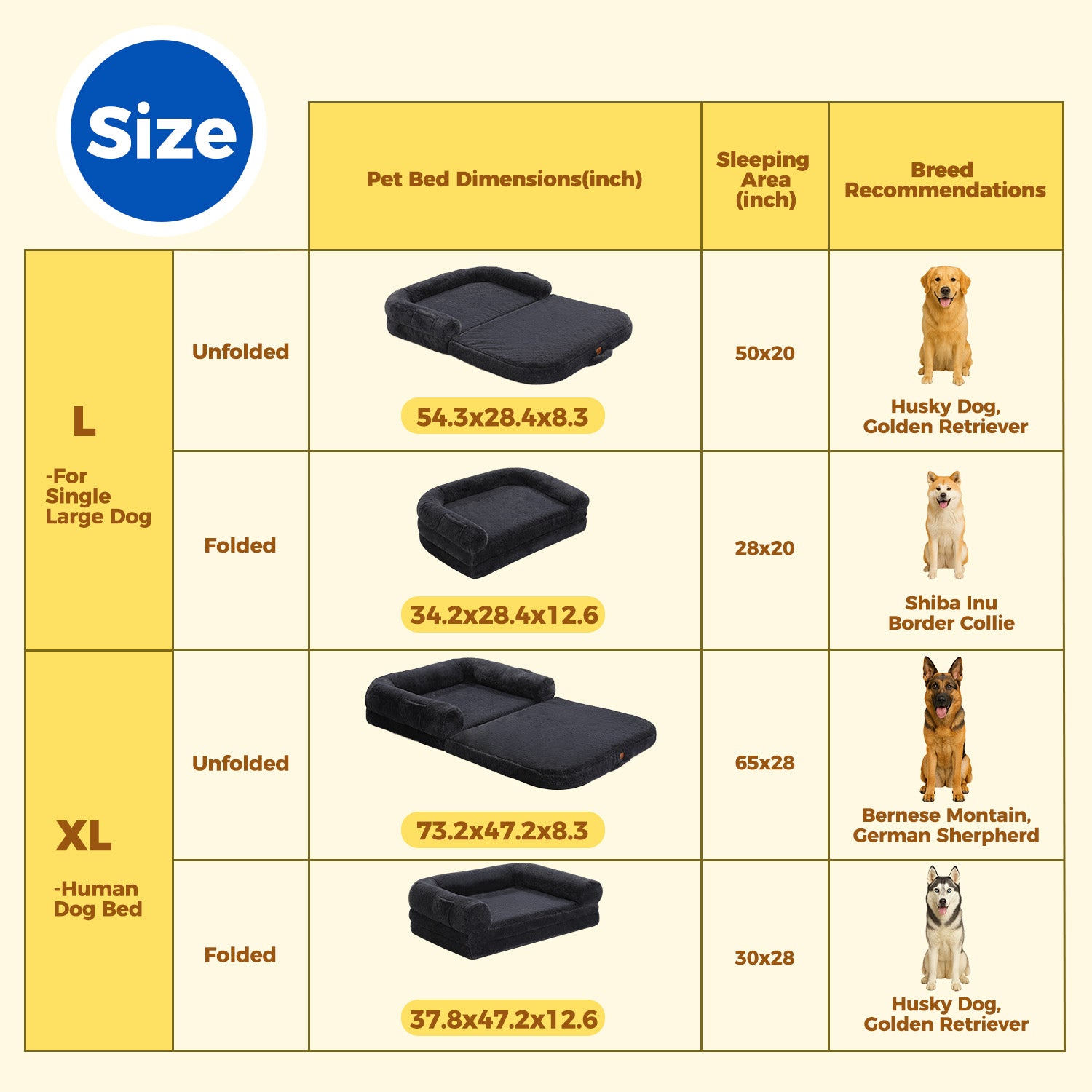 Size chart for grey foldable dog bed showing folded and unfolded XL dimensions