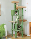 Full view of Catopia Co.’s aesthetic green cat tree resembling a woodland tower, with dual top beds, playful hanging pom-poms, and sisal-covered scratch posts. A unique modern cat tree Canada cat parents love—available only from this Canadian-based brand.