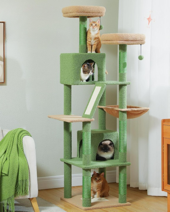 Green cat tree with multiple cats on different levels in a room.