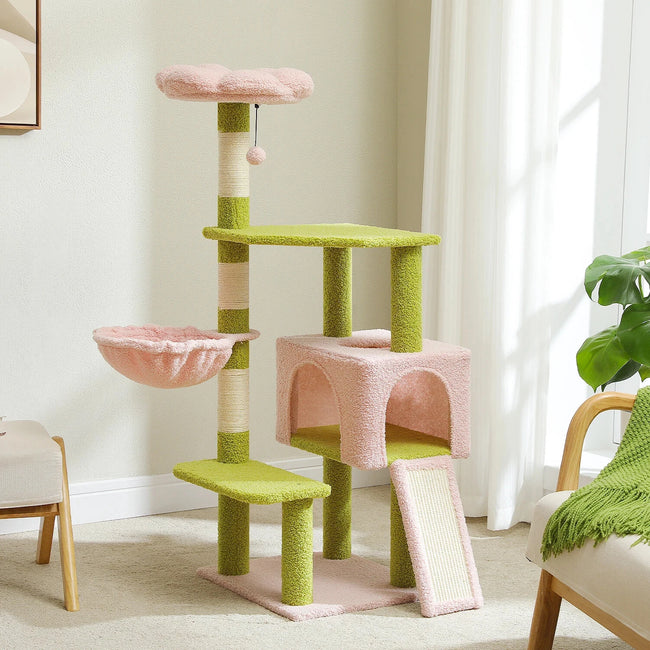 Catopia Co.'s modern cat tree in pastel pink and green, featuring a flower-top bed, soft hammock, multi-level platforms and a scratch ramp. Stylish and space-saving cat furniture for Canadian homes. Ships only within Canada.