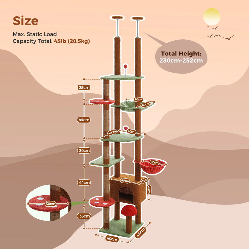 Cat tree with dimensions and capacity details on a beige background