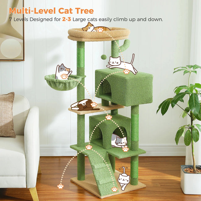 143cm Tall Cactus Cat Tree for Large Cats Adult with Large Top Perch with Plush Hammock - Green