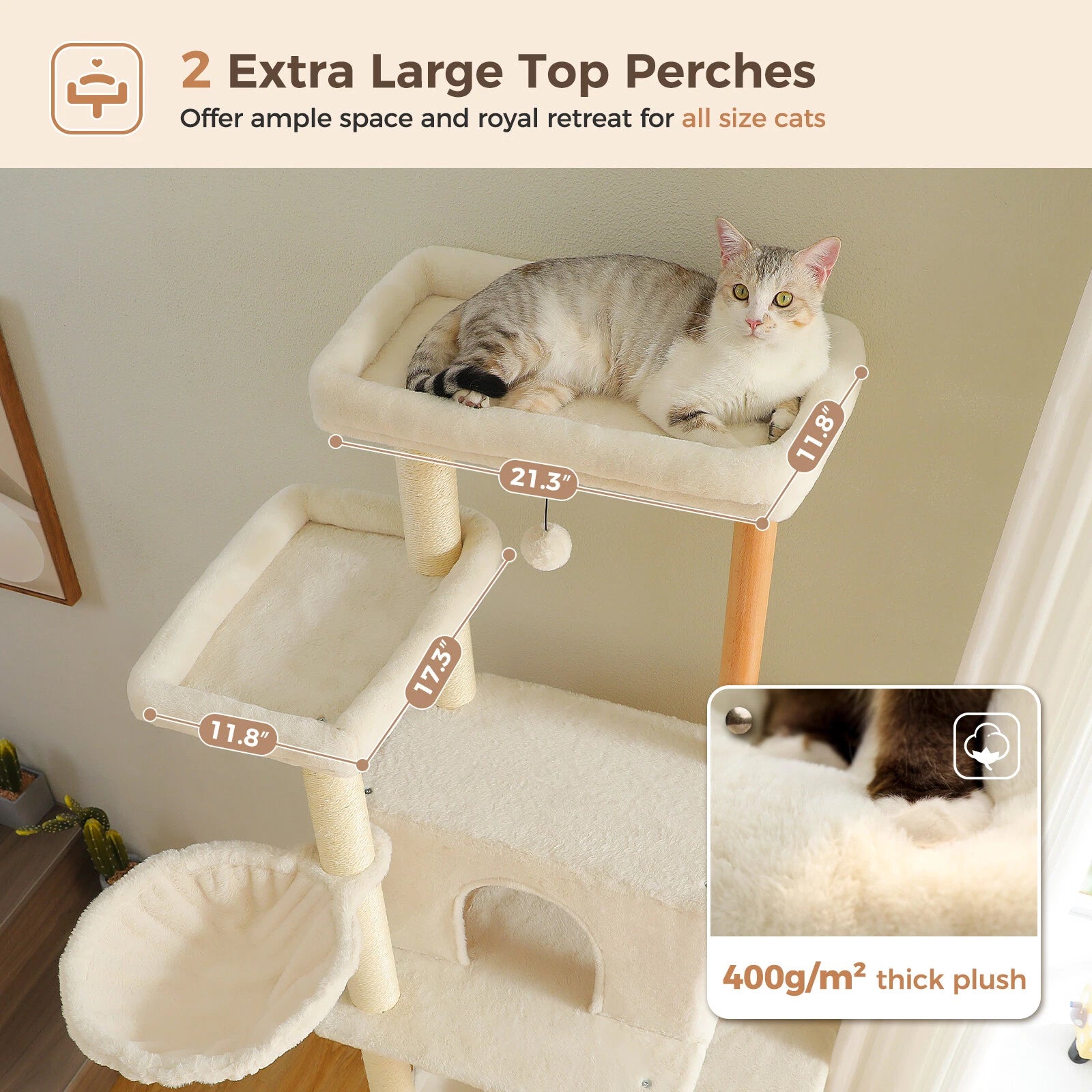 186cm Tall Cat Tree Wooden Cat Tower for Large Cat with Condo House - Beige White