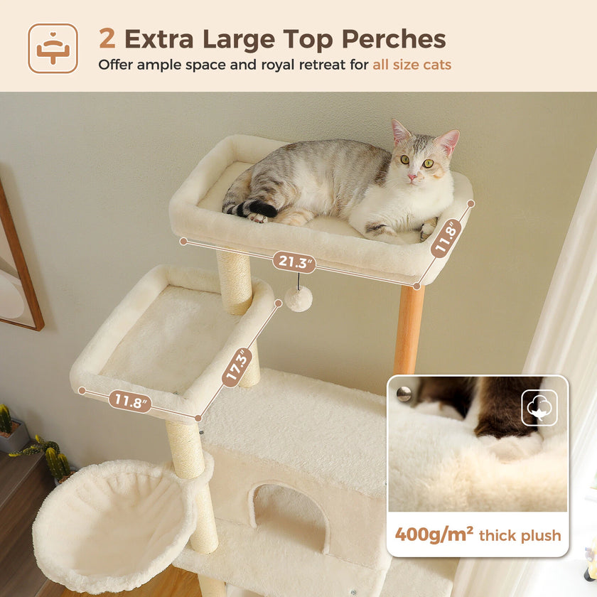 Cat tree with two extra large top perches and a cat sitting on it, with text highlighting features.