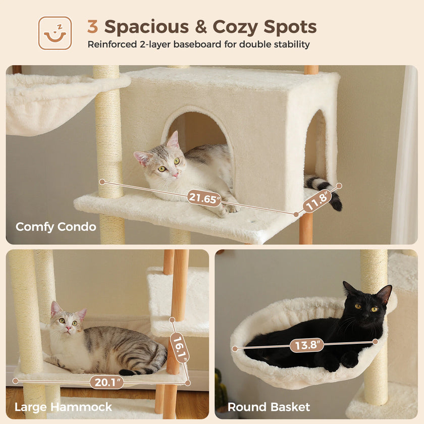 Cat tree with various perches and measurements, featuring cats on each level.