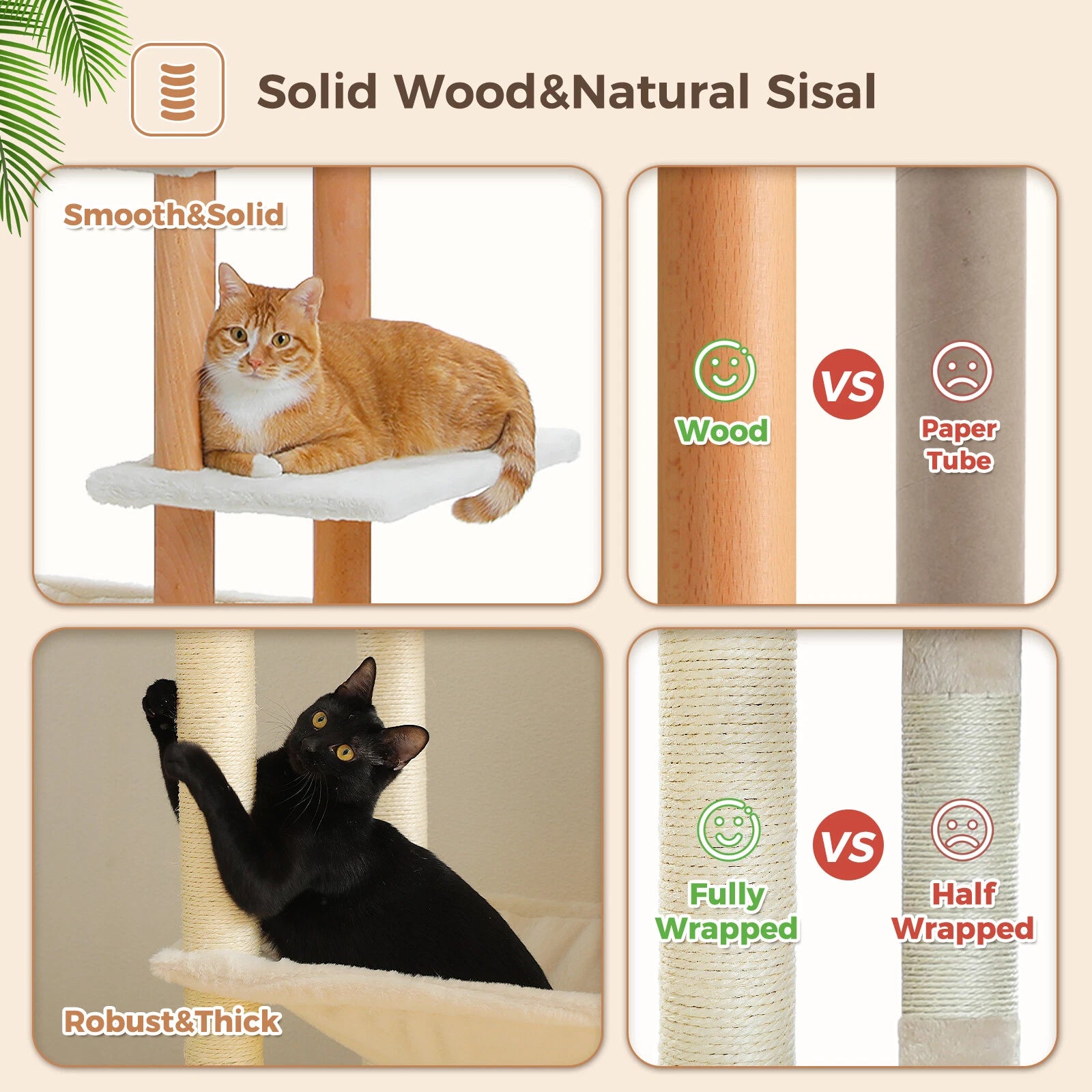 186cm Tall Cat Tree Wooden Cat Tower for Large Cat with Condo House - Beige White