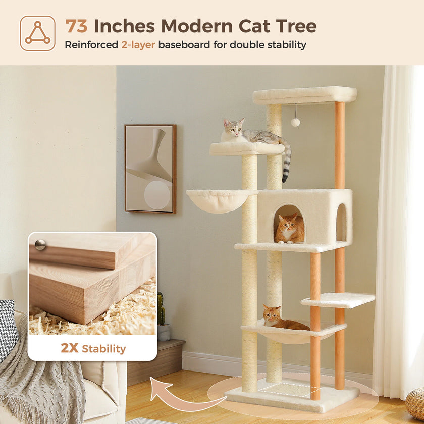 73 inches modern cat tree with multiple levels and a baseboard for stability, featuring two cats on the tree.